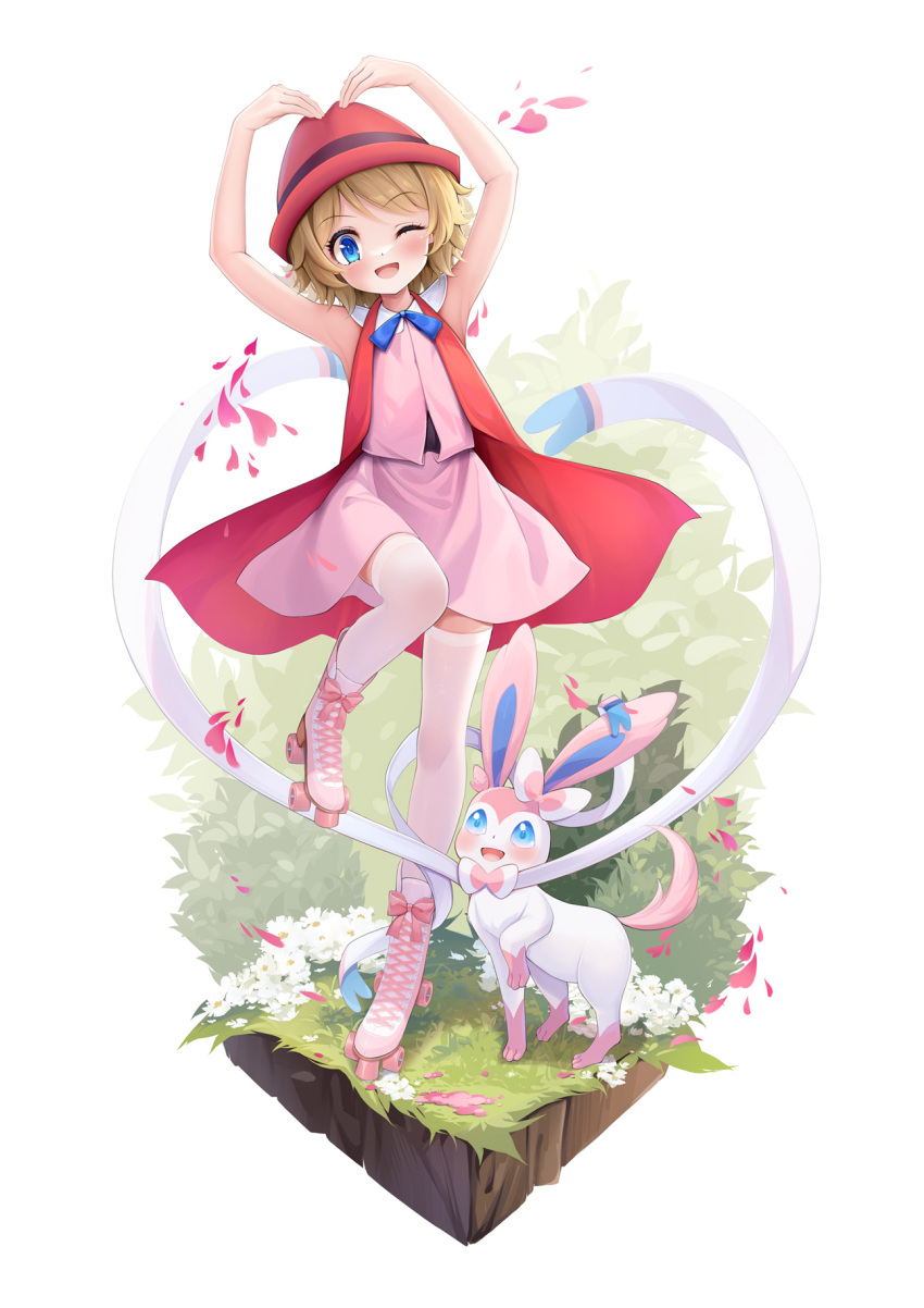 1girl ;d arms_up bare_arms blonde_hair blue_eyes blue_ribbon blush boots chinese_commentary commentary_request dress eyelashes fengli_(709622571) flower grass highres leg_up looking_at_viewer medium_hair neck_ribbon one_eye_closed open_mouth pink_dress pink_footwear pokemon pokemon_(anime) pokemon_(creature) pokemon_xy_(anime) ribbon roller_skates serena_(pokemon) skates smile sylveon thigh-highs white_flower white_thighhighs