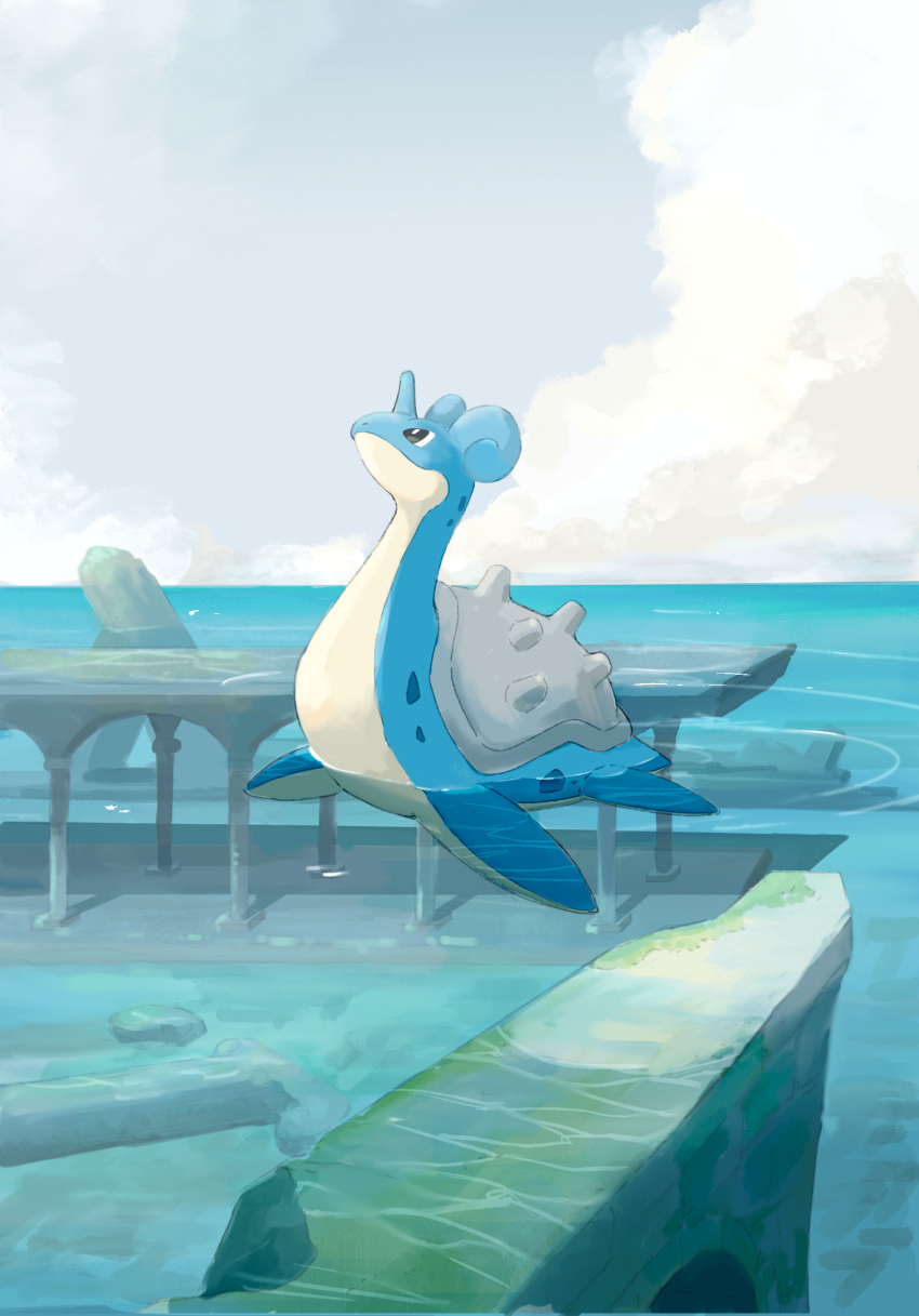 afloat bright_pupils closed_mouth clouds commentary_request day grey_eyes highres lapras looking_up momota_pix no_humans outdoors pokemon pokemon_(creature) sky smile solo water white_pupils