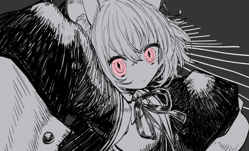 1girl animal_ear_fluff animal_ears arm_up cat_ears cat_girl coat coefont collared_shirt commentary_request crossed_bangs dot_mouth empty_eyes expressionless grey_background greyscale highres looking_at_viewer monochrome neck_ribbon neko_no_sayo open_clothes open_coat pink_eyes ribbon shirt short_hair sleeves_past_fingers sleeves_past_wrists slit_pupils solo spot_color upper_body voicevox wide_sleeves yoshino_ns
