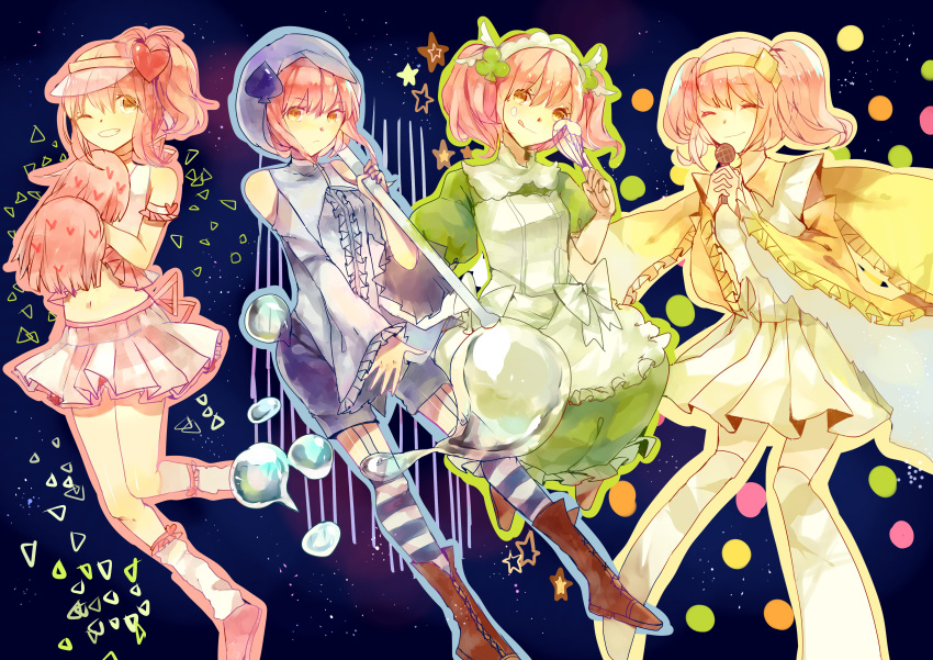 4girls absurdres amulet_clover amulet_dia amulet_heart amulet_spade apron blue_headwear blue_shirt blue_shorts blue_thighhighs boots brown_footwear closed_eyes closed_mouth clover_hair_ornament diamond_hair_ornament dress full_body garter_straps green_dress hair_ornament heart heart_hair_ornament high_ponytail highres hinamori_amu holding holding_whisk jamjar77 long_hair long_sleeves looking_at_viewer multiple_girls multiple_persona one_eye_closed open_mouth orange_eyes pink_hair pink_shirt pink_skirt pom_pom_(cheerleading) shirt short_hair short_sleeves shorts shugo_chara! side_ponytail skirt sky smile spade_hair_ornament star_(sky) starry_sky striped striped_thighhighs teeth thigh-highs visor_cap whisk white_thighhighs yellow_dress