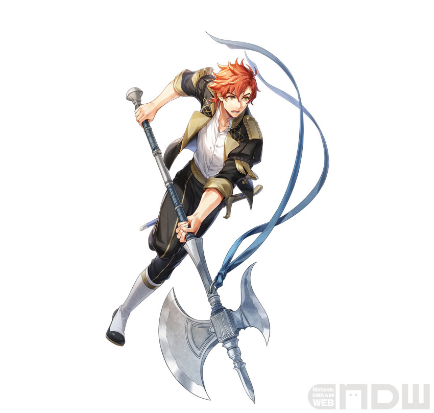 1boy artist_request axe black_jacket black_pants blue_ribbon boots brown_eyes fire_emblem fire_emblem:_three_houses fire_emblem_heroes full_body garreg_mach_monastery_uniform hair_between_eyes holding holding_axe holding_weapon jacket leggings male_focus official_art open_clothes open_jacket open_mouth orange_hair pants ribbon scabbard sheath sheathed shirt short_hair simple_background solo sword sylvain_jose_gautier weapon white_background white_footwear white_shirt