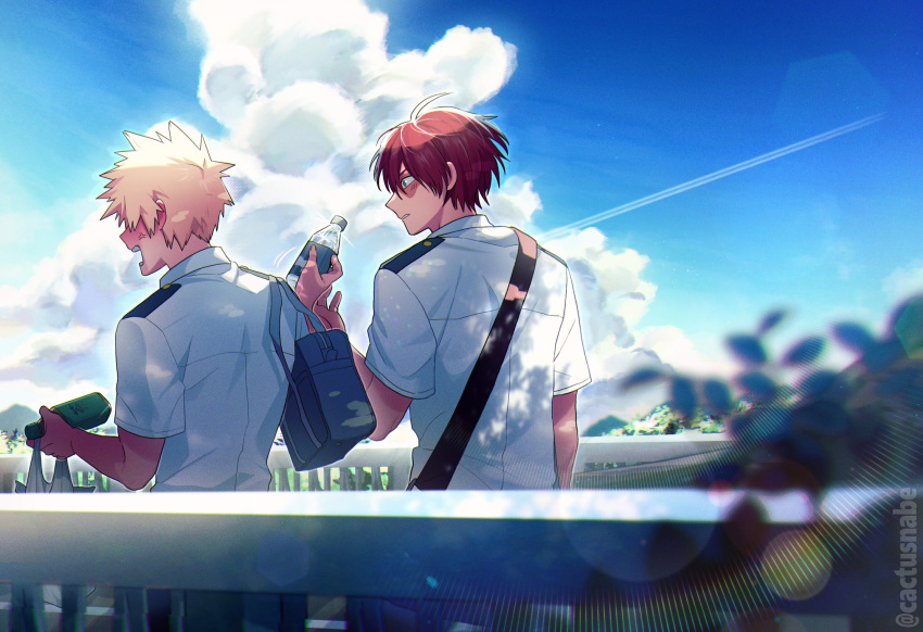 2boys anger_vein annoyed arm_at_side bag bakugou_katsuki blonde_hair blue_bag blue_eyes blue_sky blurry blurry_foreground blush boku_no_hero_academia bottle branch bridge burn_scar cactusnabe chromatic_aberration clouds collared_shirt commentary_request contrail cowlick cumulonimbus_cloud dappled_sunlight day drink ear_blush embarrassed film_grain floating_hair from_behind gradient_sky halftone hand_up hands_up highres holding holding_bag holding_bottle leaf lens_flare looking_at_another looking_to_the_side male_focus motion_lines multicolored_hair multiple_boys non-circular_lens_flare open_mouth outdoors outline parted_lips profile railing rainbow_gradient redhead scar scar_on_face school_uniform shade shirt shopping_bag short_hair short_sleeves shoulder_bag shoulder_strap sky spiky_hair split-color_hair summer_uniform sunlight todoroki_shouto twitter_username two-tone_hair u.a._school_uniform upper_body walking white_hair white_outline white_shirt
