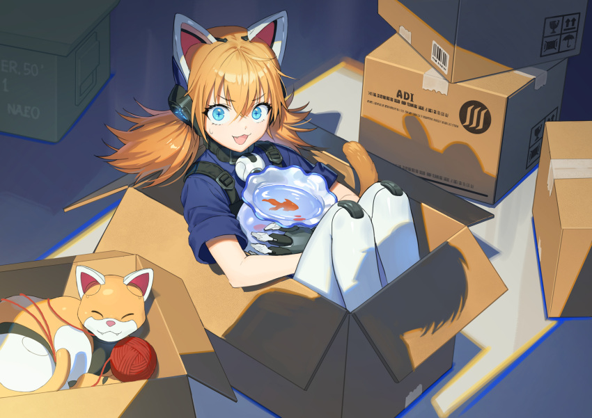1girl betty_(girls'_frontline_nc) blue_eyes blue_shirt bowl box butyou_(mika1412) cardboard_box cat cat_tail commentary cross-shaped_pupils fang fish fishbowl girls'_frontline_neural_cloud girls_frontline goldfish hair_between_eyes headphones highres holding holding_bowl idw_(girls'_frontline) in_box in_container indoors long_hair looking_at_viewer mechanical_ears mechanical_hands mechanical_legs open_mouth orange_hair robot robot_cat shadow shirt short_sleeves sitting solo surprised sweatdrop symbol-shaped_pupils tail twintails yarn yarn_ball