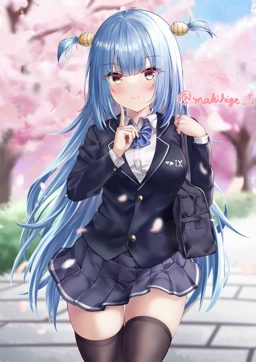 1girl absurdres artist_name azur_lane bag blue_bow blue_bowtie blue_hair blue_jacket blurry blurry_background bow bowtie breasts brown_thighhighs cherry_blossoms clam_shell collared_shirt cowboy_shot fake_antlers highres jacket large_breasts long_hair makihige neptune_(azur_lane) outdoors pleated_skirt school_bag school_uniform shell_hair_ornament shirt skirt solo thigh-highs uniform very_long_hair white_shirt zettai_ryouiki