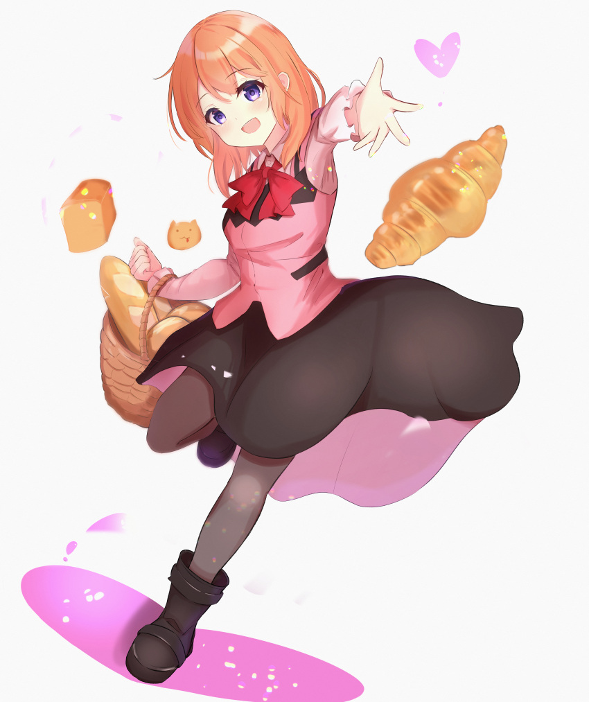 1girl :d absurdres baguette basket black_footwear black_pantyhose black_skirt blush bow bowtie bread brown_hair collared_shirt croissant fleina_note food full_body gochuumon_wa_usagi_desu_ka? hair_between_eyes heart highres holding holding_basket hoto_cocoa long_hair medium_skirt open_mouth outstretched_arm pantyhose pink_vest rabbit_house_uniform red_bow red_bowtie shirt skirt smile solo standing standing_on_one_leg straight_hair vest violet_eyes white_shirt wing_collar