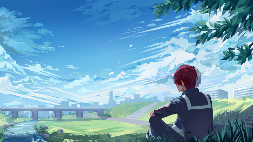 1boy ankle_boots artist_name blue_sky blue_track_suit boku_no_hero_academia boots branch bridge building burn_scar city clouds cloudy_sky commentary dappled_sunlight day elbow_on_knee elbow_rest english_commentary from_behind gradient_sky high_collar jacket knees_up leaf male_focus multicolored_hair no_lineart on_grass outdoors pants redhead river road rock scar scar_on_face scenery shade short_hair sitting sky skyline solo split-color_hair stairs sunlight todoroki_shouto track_jacket track_pants track_suit tree two-tone_hair u.a._gym_uniform white_footwear white_hair wide_shot zettanoia