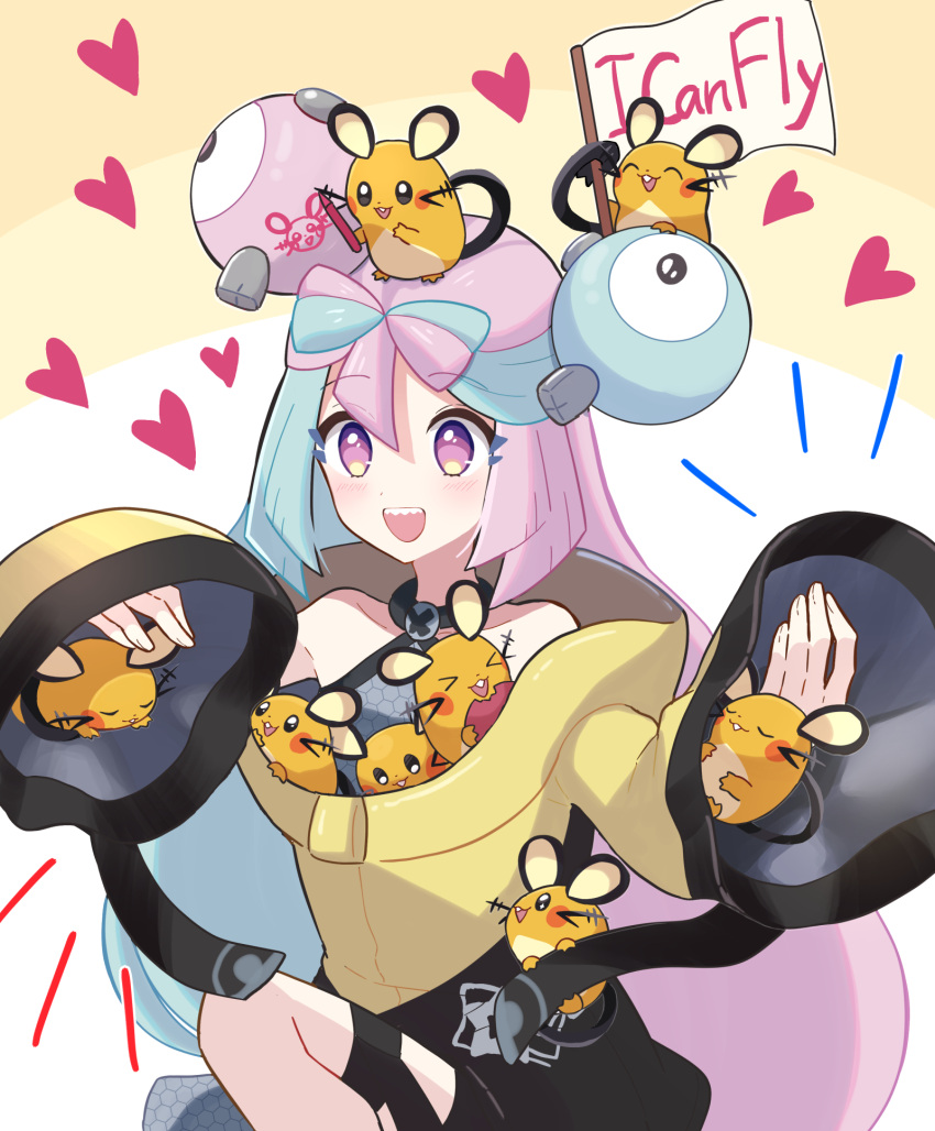 1girl :d bare_shoulders blue_hair bow-shaped_hair character_hair_ornament closed_eyes dedenne flag hair_between_eyes hair_ornament haru_(haruxxe) heart highres holding holding_flag iono_(pokemon) jacket long_hair multicolored_hair on_head open_mouth oversized_clothes pink_eyes pink_hair pokemon pokemon_(creature) pokemon_(game) pokemon_on_head pokemon_sv sharp_teeth shirt sleeping sleeveless sleeveless_shirt sleeves_past_fingers sleeves_past_wrists smile solo teeth two-tone_hair very_long_hair yellow_jacket