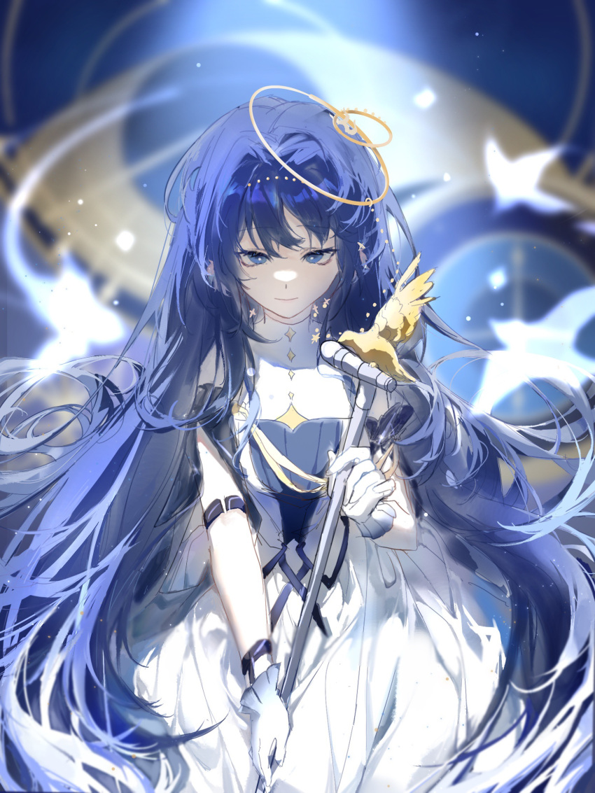 1girl arknights astesia_(arknights) astesia_(frlibre_on_the_palace)_(arknights) blue_eyes blue_hair closed_mouth collar commentary_request cowboy_shot dress gloves hair_between_eyes hair_ornament highres holding holding_microphone_stand jinyusuiyu long_hair looking_at_viewer microphone microphone_stand off-shoulder_dress off_shoulder official_alternate_costume smile solo very_long_hair white_collar white_dress white_gloves