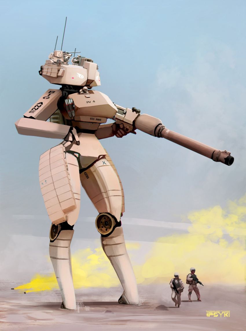 antennae artillery_shell artist_name assault_rifle blue_background cannon day full_body gun hand_on_own_hip helmet highres holding holding_gun holding_weapon m1_abrams mecha military military_vehicle motor_vehicle original outdoors patreon_username psyk323 rifle robot standing tank thick_thighs thighs weapon