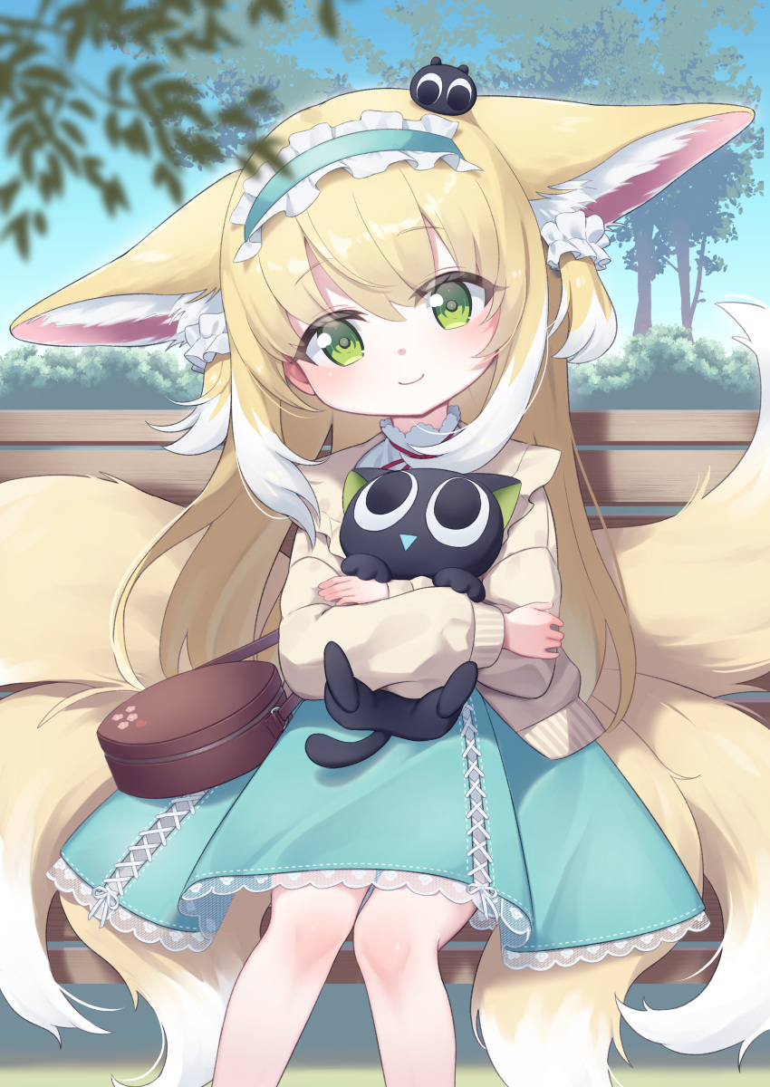 1girl absurdres animal animal_ear_fluff animal_ears aqua_hairband aqua_skirt arknights bag black_cat blonde_hair blush brown_bag cardigan cat closed_mouth commission commissioner_upload crossover extra_ears fox_ears fox_girl fox_tail frilled_hairband frills green_eyes hair_ornament hair_scrunchie hairband head_tilt heixiu highres holding holding_animal kitsune kokone_(coconeeeco) kyuubi lace-trimmed_skirt lace_trim long_hair long_sleeves looking_at_viewer luo_xiaohei luo_xiaohei_zhanji medium_skirt multicolored_hair multiple_tails neck_ribbon non-web_source official_alternate_costume on_bench on_head outdoors puffy_long_sleeves puffy_sleeves red_ribbon ribbon scrunchie shirt shoulder_bag sidelocks sitting sitting_on_bench skeb_commission skirt sleeve_cuffs smile solo stitches suzuran_(arknights) suzuran_(spring_praise)_(arknights) tail two-tone_hair white_hair white_shirt yellow_cardigan