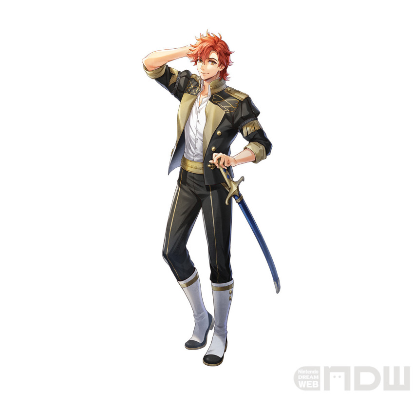1boy arm_up artist_request black_jacket black_pants boots brown_eyes fire_emblem fire_emblem:_three_houses fire_emblem_heroes full_body garreg_mach_monastery_uniform hair_between_eyes hand_in_own_hair jacket leggings looking_at_viewer male_focus official_art open_clothes open_jacket orange_hair pants scabbard sheath sheathed shirt short_hair simple_background smile solo standing sword sylvain_jose_gautier weapon white_background white_footwear white_shirt