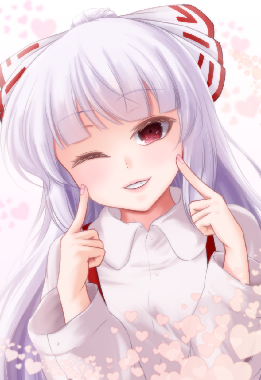 1girl ;) blunt_bangs bow collared_shirt commentary fingers_to_cheeks fingersmile fujiwara_no_mokou hair_bow hands_up highres lips long_hair looking_at_viewer one_eye_closed parted_lips red_eyes riria_(liry_a_flower) shirt smile solo suspenders touhou upper_body white_bow white_hair white_shirt
