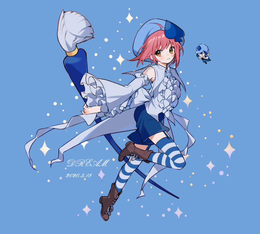 2girls amulet_spade artist_name blue_hair blue_headwear blue_shirt blue_shorts blue_thighhighs brown_footwear closed_mouth collared_shirt dated detached_sleeves dream_(1791923913) full_body hair_ornament highres hinamori_amu holding holding_paintbrush light_blue_background long_sleeves looking_at_viewer miki_(shugo_chara!) multiple_girls orange_eyes paintbrush pink_hair shirt short_hair shorts shugo_chara! smile spade_hair_ornament striped striped_thighhighs thigh-highs white_thighhighs