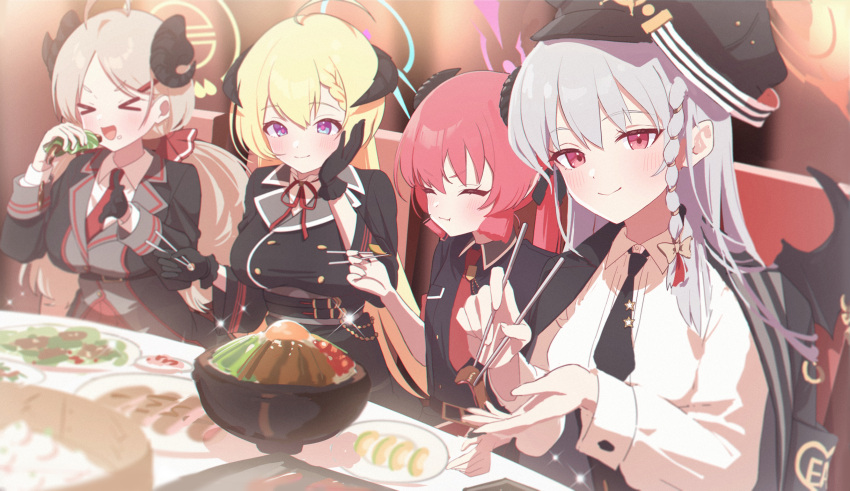&gt;_&lt; 4girls absurdres akari_(blue_archive) black_necktie black_shirt blonde_hair blue_archive blush braid breasts chopsticks closed_mouth collared_shirt commentary_request demon_girl demon_horns food halo haruna_(blue_archive) hat highres holding holding_chopsticks holding_food horns izumi_(blue_archive) junko_(blue_archive) kaerunrun large_breasts light_brown_hair long_hair multiple_girls neck_ribbon necktie open_mouth partial_commentary peaked_cap pink_eyes red_necktie red_ribbon redhead ribbon shirt small_breasts smile violet_eyes white_hair white_shirt