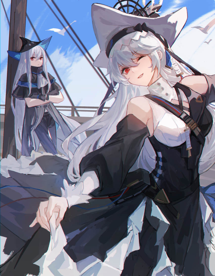 2girls ;) absurdres arknights bird black_capelet black_dress black_headwear black_pants capelet chinese_commentary closed_mouth clouds collar commentary day detached_sleeves dress grey_hair hair_between_eyes hat highres long_hair long_sleeves looking_at_another multiple_girls one_eye_closed pants parted_lips red_eyes seagull sidelocks skadi_(arknights) skirt_hold sky smile specter_(arknights) specter_the_unchained_(arknights) very_long_hair was775 white_collar