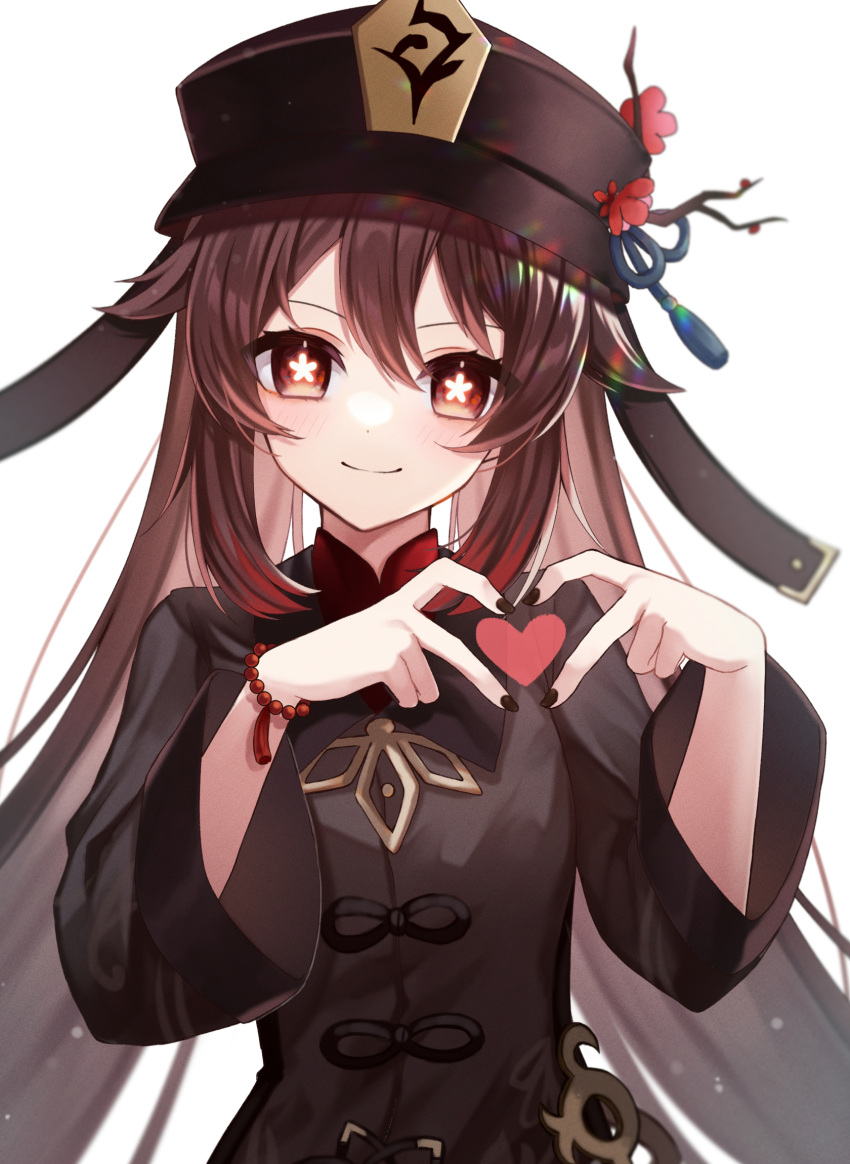 1girl :d bead_bracelet beads black_headwear black_nails bracelet brown_hair chinese_clothes closed_mouth flower flower-shaped_pupils flower_hat genshin_impact gradient_hair hair_between_eyes hair_flaps hat hat_flower head_tilt heart heart_hands highres hu_tao_(genshin_impact) jewelry long_hair looking_at_viewer multicolored_hair ougi_(u_to4410) porkpie_hat red_eyes red_flower redhead sidelocks simple_background smile solo swept_bangs symbol-shaped_pupils upper_body very_long_hair white_background wide_sleeves