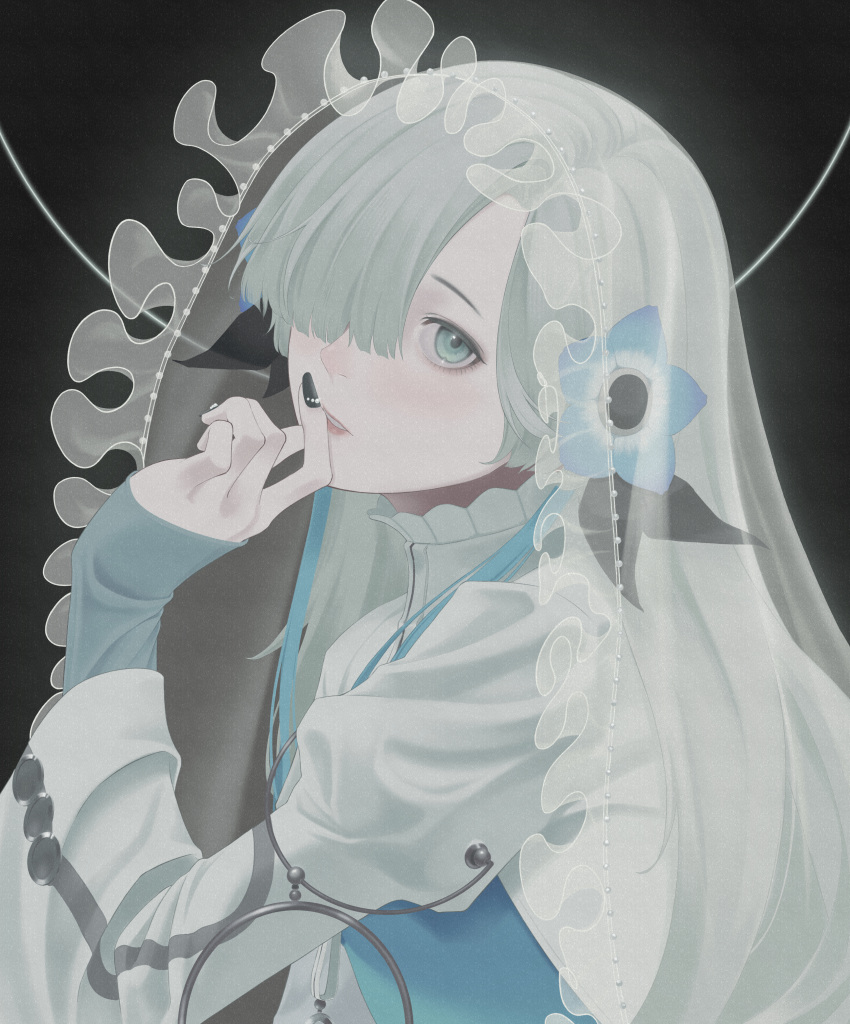 1girl absurdres black_background black_nails blue_dress blue_flower blue_hair dress expressionless finger_to_mouth flower grey_eyes hair_flower hair_ornament hair_over_one_eye highres isekai_joucho kamitsubaki_studio long_hair long_sleeves looking_at_viewer multicolored_hair nail_polish parted_lips sleeves_past_wrists solo two-tone_dress two-tone_hair upper_body veil virtual_youtuber white_dress white_hair white_veil zudxpnz