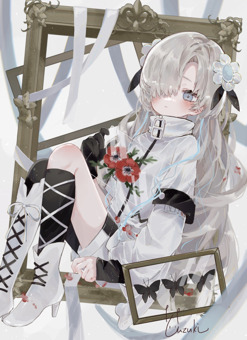 1girl anemone_(flower) asymmetrical_footwear asymmetrical_sleeves black_gloves blue_eyes blue_hair blush boots bug butterfly coat expressionless flower full_body gloves grey_hair hair_flower hair_ornament hair_over_one_eye high_heel_boots high_heels highres holding isekai_joucho kamitsubaki_studio long_hair multicolored_hair picture_frame ribbon shorts single_glove sitting solo two-tone_hair uneven_sleeves uzuki_0420m virtual_youtuber white_coat white_footwear white_ribbon