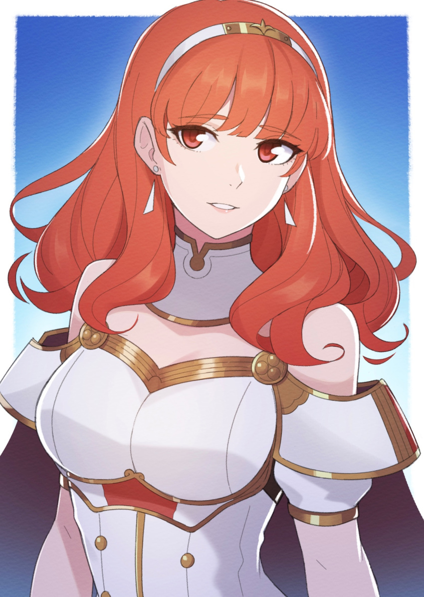 1girl bare_shoulders breasts cape celica_(fire_emblem) detached_collar detached_sleeves dress earrings edmonmondo english_commentary fire_emblem fire_emblem_echoes:_shadows_of_valentia hairband highres jewelry long_hair looking_at_viewer medium_breasts open_mouth red_eyes redhead smile solo tiara wavy_hair white_armor