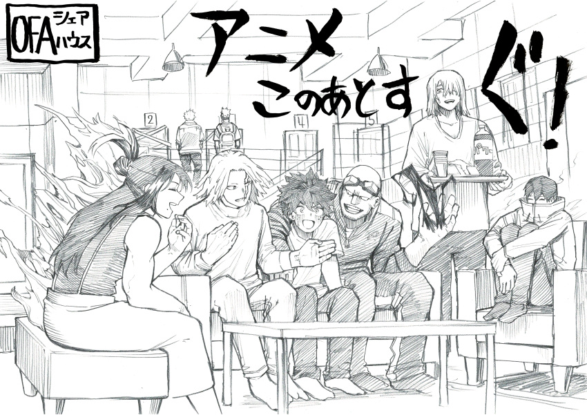 1girl 6+boys ^_^ absurdres all_might alternate_costume arm_around_shoulder armchair arms_at_sides backpack bag bald bare_arms bare_shoulders black_whip_(boku_no_hero_academia) blush boku_no_hero_academia bright_pupils casual chair closed_eyes clothing_request collarbone commentary_request couch covered_mouth cracked_skin crosshatching cup door drawstring drink elbow_on_knee en_(boku_no_hero_academia) facial_hair feet_on_chair fingernails folded_hair food freckles goggles goggles_on_head graphite_(medium) greyscale hair_between_eyes hair_bun hair_over_one_eye half_updo hand_on_own_chest hands_up hanging_light happy hatching_(texture) highres holding holding_own_arm holding_tray hugging_own_legs indoors knees_to_chest knees_up koba_ayu038 lariat_(boku_no_hero_academia) leaning_forward living_room long_hair long_sleeves looking_at_another looking_to_the_side medium_hair midoriya_izuku mole mole_under_mouth monochrome multiple_boys no_eyebrows on_couch open_mouth pants parted_bangs plank ponytail profile railing shigaraki_yoichi shimura_nana shinomori_hikage shirt short_eyebrows short_hair short_sleeves sidelocks sign single_vertical_stripe sleeveless sleeves_past_elbows socks spiky_hair split_mouth spoilers stack standing straight_hair stubble suspenders sweatdrop t-shirt table tank_top teeth tendril text_focus traditional_media tray unzipped upper_teeth_only v-shaped_eyebrows yagi_toshinori