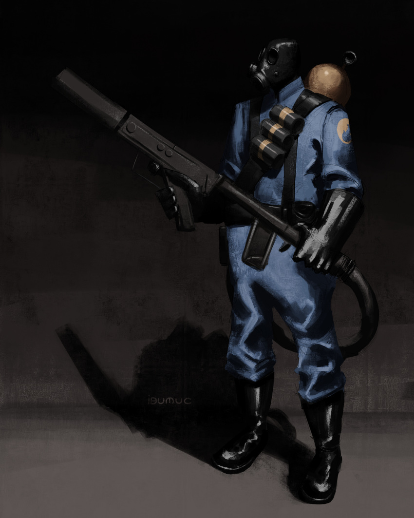 1boy absurdres black_footwear black_gloves blue_bodysuit bodysuit boots explosive flamethrower full_body gas_mask gloves grenade highres holding holding_weapon ibumuc male_focus mask pyro_(tf2) solo standing team_fortress_2 weapon
