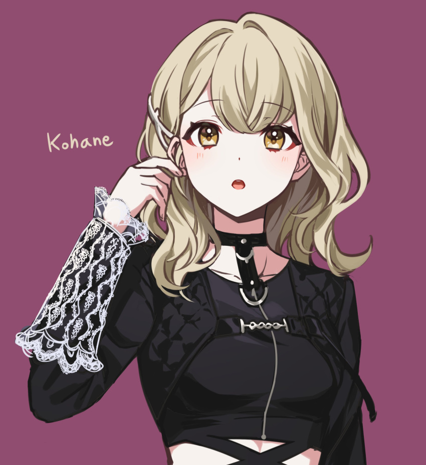 1girl :o absurdres azusawa_kohane blonde_hair choker commentary hair_down highres kheng_(k_heng1223) long_sleeves medium_hair open_mouth project_sekai purple_background simple_background solo teeth upper_body upper_teeth_only yellow_eyes zozotown