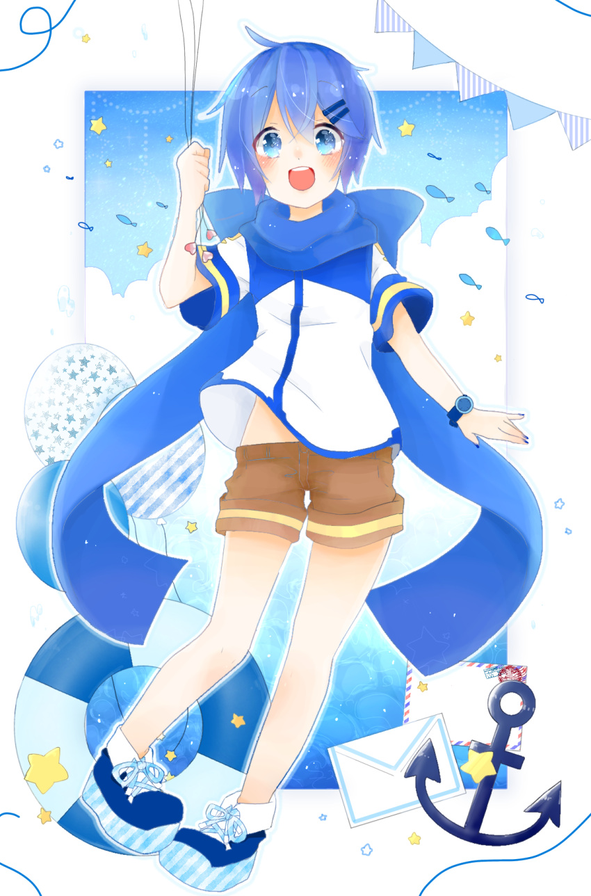 1boy anchor balloon banner blue_footwear blue_hair blue_nails blue_scarf blue_sky blue_theme blush bow brown_shorts child clouds cloudy_sky fish hair_ornament hairclip happy highres holding holding_balloon ibispaint_(medium) kaito_(vocaloid) letter lifebuoy mail male_child male_focus midriff_peek nail_polish omochi. open_mouth paper sailor scarf scarf_bow shirt shoelaces shoes short_hair short_sleeves shorts sky smile solo star_(symbol) striped vocaloid water
