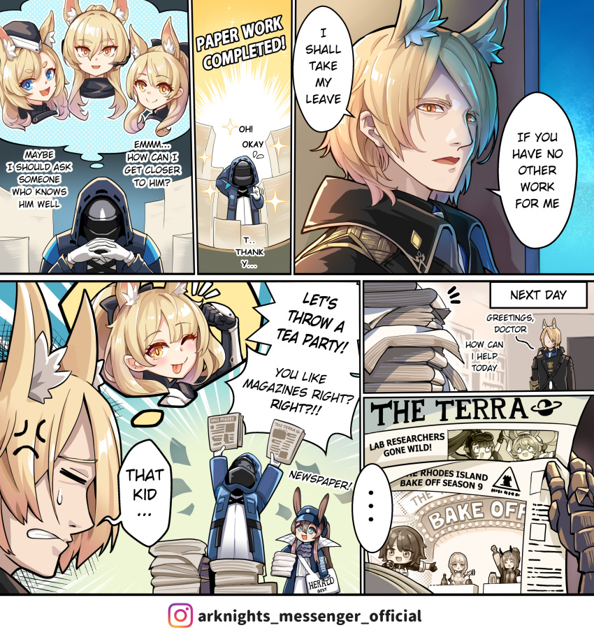 1boy 1other 6+girls ;p ambiguous_gender amiya_(arknights) amiya_(newsgirl)_(arknights) anger_vein animal_ears arknights astgenne_(arknights) aunt_and_niece blemishine_(arknights) blonde_hair blue_poison_(arknights) blue_poison_(shoal_beat)_(arknights) closed_eyes cousins demon_girl demon_horns doctor_(arknights) dorothy_(arknights) english_text exusiai_(arknights) gauntlets gloves goggles goggles_on_head halo hibiscus_(arknights) highres hm_(hmongt) holding holding_newspaper horns horse_boy horse_ears horse_girl long_hair mlynar_(arknights) mouse_ears mouse_girl multiple_girls nearl_(arknights) newspaper newspaper_stack official_alternate_costume one_eye_closed paper_stack ponytail rabbit_ears rabbit_girl siblings single_gauntlet sisters sweatdrop tongue tongue_out uncle_and_niece whislash_(arknights) white_gloves