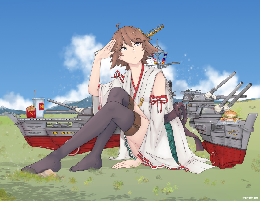1girl absurdres anti-aircraft anti-aircraft_gun bananamaru bare_shoulders black_thighhighs brown_hair burger cannon cup detached_sleeves disposable_cup drinking_straw flipped_hair food french_fries frilled_skirt frills grass green_skirt grey_eyes headgear hiei_(kancolle) hiei_kai_ni_(kancolle) highres japanese_clothes kantai_collection knees_up legs mast no_shoes nontraditional_miko plaid plaid_skirt ribbon-trimmed_sleeves ribbon_trim rigging short_hair signal_flag sitting skirt smokestack solo thigh-highs turret twitter_username