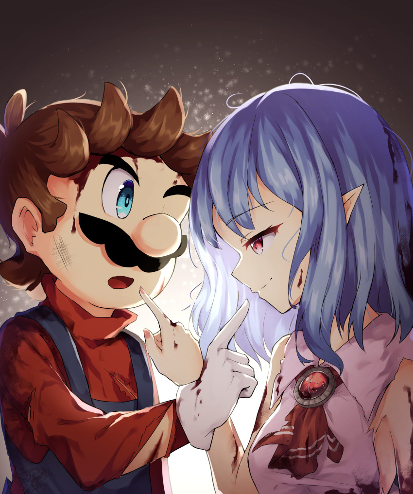 1boy 1girl absurdres ascot blood blood_on_clothes blood_on_face blood_on_hands blue_eyes blue_hair brown_hair closed_mouth commentary english_commentary facial_hair gloves highres index_finger_raised long_sleeves mario mustache no_headwear one_eye_closed pointy_ears red_ascot red_eyes remilia_scarlet ruu_(ruigi12) short_hair sleeveless smile super_mario_bros. touhou upper_body white_gloves