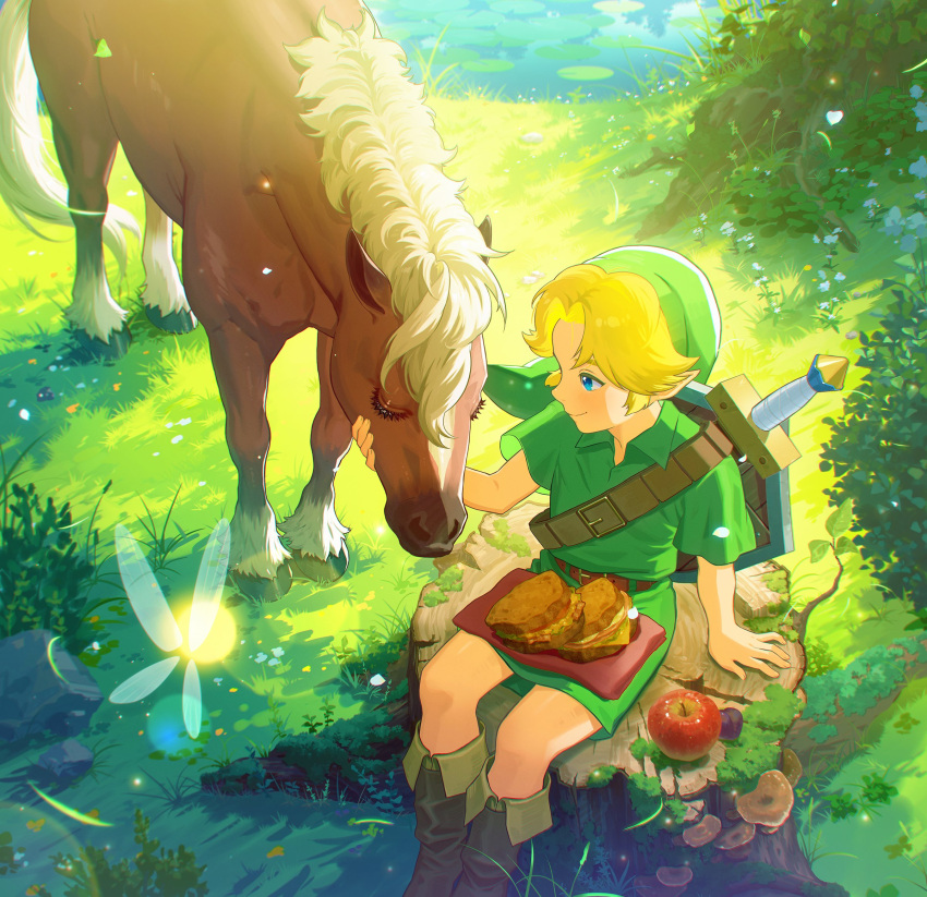 1boy apple arm_support belt belt_buckle blonde_hair blue_eyes blush boots brown_belt brown_footwear buckle bush closed_mouth commentary_request day epona fairy flower food fruit grass green_headwear green_shirt green_shorts green_tunic hand_up hat highres horse leaf lens_flare light_particles lily_pad link looking_to_the_side lying moss mushroom nshi on_back outdoors parted_bangs plant pointy_ears sandwich shield shield_on_back shirt short_hair short_sleeves shorts sidelocks sitting sitting_on_tree_stump smile solo sword sword_on_back tatl the_legend_of_zelda the_legend_of_zelda:_majora's_mask the_legend_of_zelda:_ocarina_of_time tree_stump tunic water weapon weapon_on_back white_flower young_link