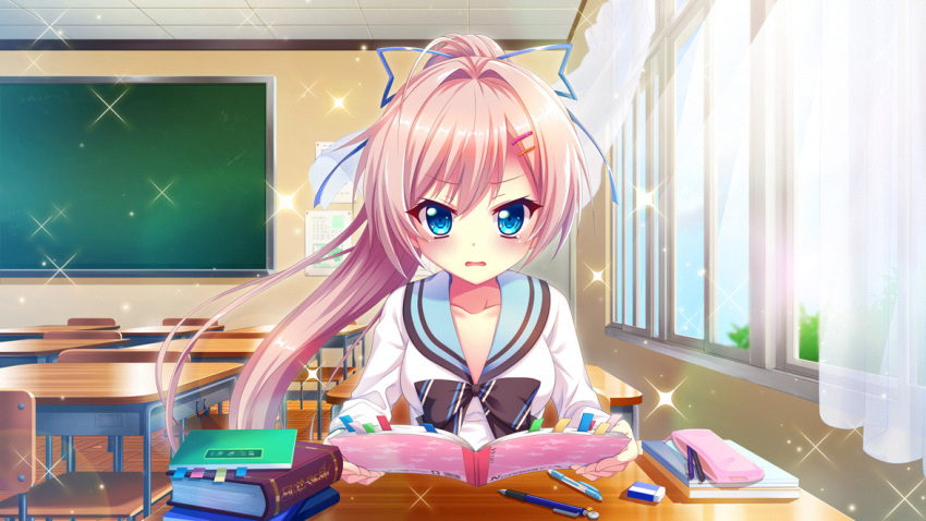 1girl black_bow blue_eyes blue_ribbon blue_sailor_collar blue_sky blush book bookmark bow breasts ceiling chair chalkboard classroom collarbone day desk dot_nose eraser film_grain game_cg hair_intakes hair_ornament hairclip high_ponytail himura_nagisa holding holding_notebook indoors izumi_tsubasu lens_flare long_hair looking_at_viewer medium_breasts non-web_source notebook official_art open_mouth pen pink_hair re:stage! ribbon sailor_collar school school_chair school_desk school_uniform sitting sky solo sparkle sunlight swept_bangs tile_ceiling tiles white_curtains white_uniform window wooden_desk wooden_floor