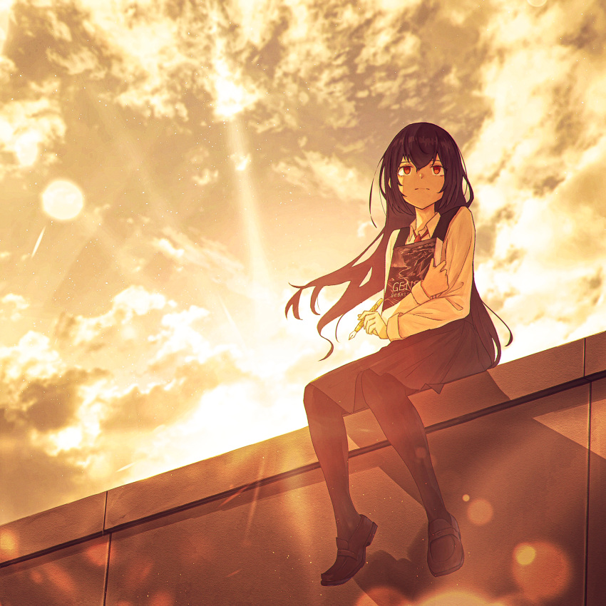1girl absurdres black_dress black_hair brown_eyes closed_mouth clouds collared_shirt dress evening highres holding holding_notebook loafers long_hair moon necktie notebook oka_kojiro original outdoors pantyhose red_necktie shirt shoes sitting sky solo sun sunset white_shirt