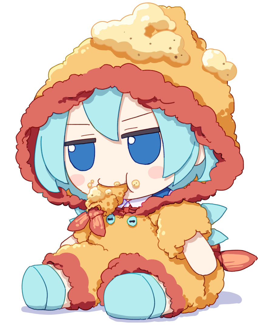 1girl absurdres blue_eyes blue_footwear blue_hair blush_stickers cirno detached_wings eating fairy food food_on_face fumo_(doll) hair_between_eyes highres ice ice_wings kame_(kamepan44231) shoes short_hair short_sleeves simple_background solo touhou white_background wings