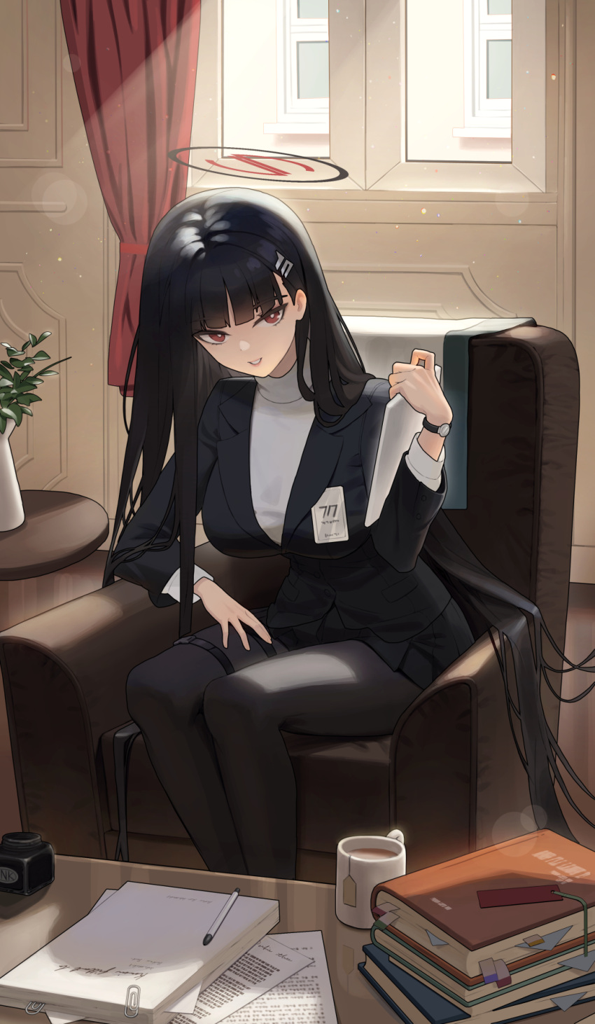 1girl black_hair black_jacket black_pantyhose blue_archive book book_stack breasts bright_pupils byo_chyo chair coffee_mug cup easy_chair hair_ornament hairclip halo highres holding holding_tablet_pc id_card jacket large_breasts long_hair looking_at_viewer lounge_chair mug on_chair pantyhose plant potted_plant red_eyes rio_(blue_archive) sitting smile solo sweater tablet_pc turtleneck turtleneck_sweater very_long_hair watch watch white_pupils white_sweater window