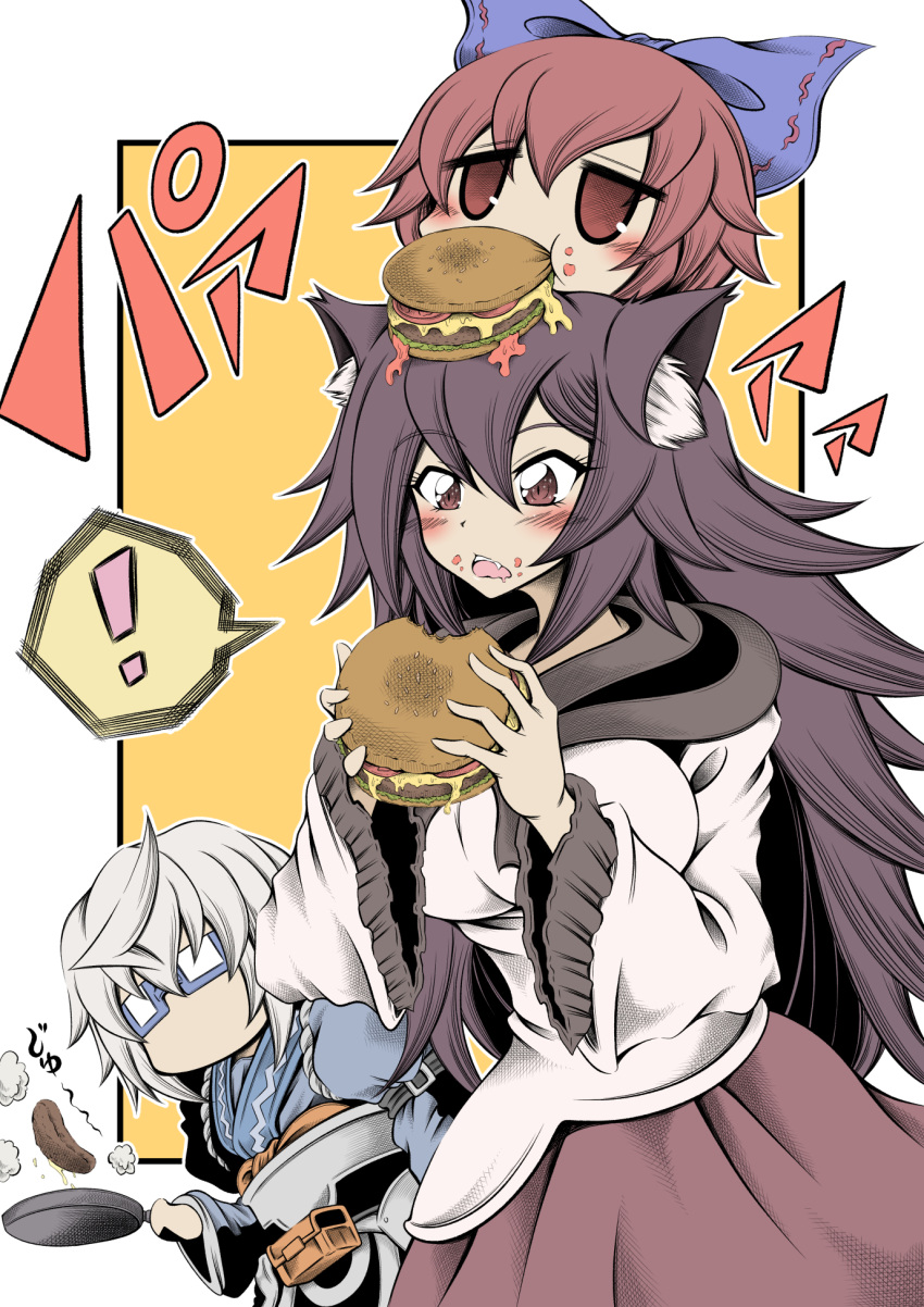 ! 1boy 2girls ahoge animal_ears bow breasts brown_eyes brown_hair burger cheese chibi commentary_request food food_on_face frying_pan glasses grey_hair hair_bow hidefu_kitayan highres holding holding_food holding_frying_pan imaizumi_kagerou large_breasts long_hair long_sleeves morichika_rinnosuke multiple_girls red_eyes redhead sekibanki short_hair spoken_exclamation_mark tomato tomato_slice touhou translation_request wolf_ears