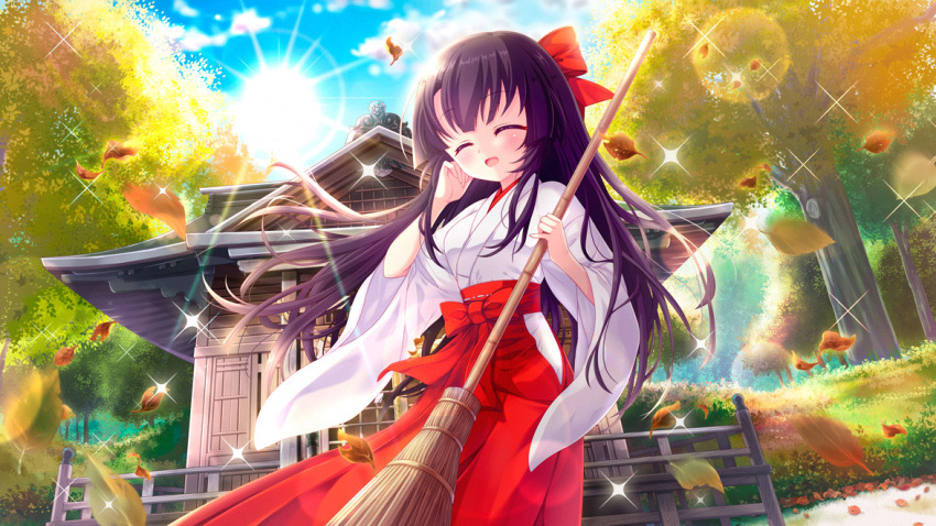 1girl architecture bamboo_broom black_hair blue_sky bow breasts broom closed_eyes day dot_nose dutch_angle east_asian_architecture film_grain from_below game_cg grass hair_bow hakama hand_to_own_face holding holding_broom ichikishima_mizuha izumi_tsubasu japanese_clothes kimono large_breasts leaf long_hair miko non-web_source official_art open_mouth outdoors re:stage! red_bow red_sash red_skirt sash shrine skirt sky smile solo sparkle straight_hair sun tree white_kimono wind