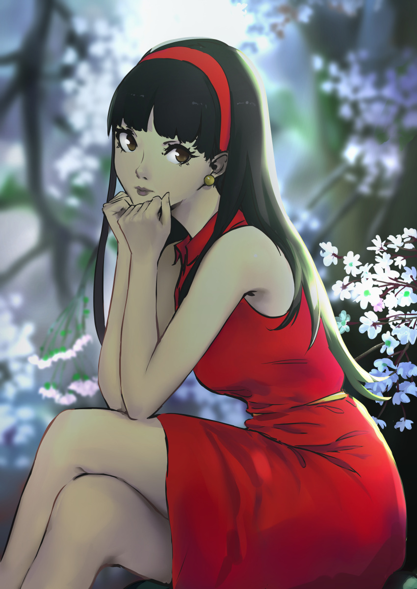 1girl absurdres amagi_yukiko bare_shoulders black_hair blunt_bangs blurry blurry_background breasts brown_eyes chin closed_mouth crossed_legs dress earrings expressionless flower hairband hands_on_own_chin highres ikanote jewelry long_hair looking_at_viewer persona persona_4 red_dress red_hairband sitting sleeveless solo spring_(season)