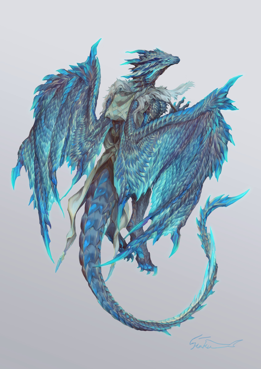 absurdres animal_focus blue_eyes claws commentary dragon from_behind full_body fur_trim grey_background haku_(shirogane) highres horns looking_at_viewer looking_back no_humans original scales signature simple_background solo tail western_dragon wings