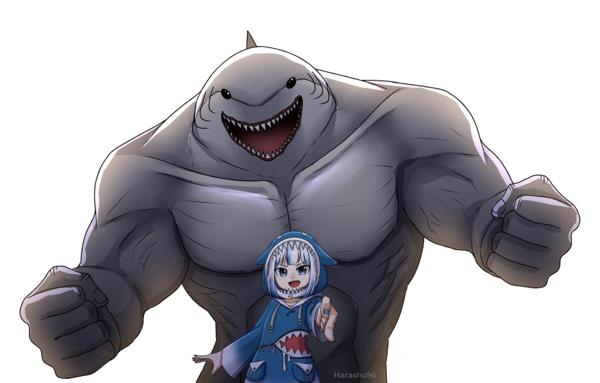 1boy 1girl :d abs animal_hood artist_name blue_eyes blue_hair blue_hoodie blue_nails dc_comics fins fish_tail gawr_gura harashu_(harashu96) highres hololive hololive_english hood hoodie king_shark_(dc) long_sleeves looking_at_viewer multicolored_hair muscular muscular_male nail_polish open_mouth pointing pointing_at_viewer shark_girl shark_hood shark_tail sharp_teeth simple_background smile tail teeth trait_connection two-tone_hair upper_body virtual_youtuber white_background white_hair