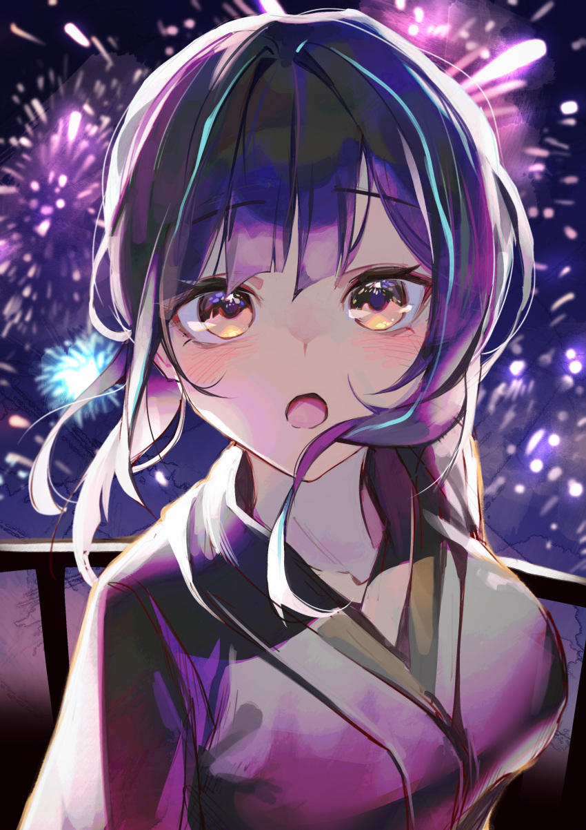 1girl absurdres blue_hair blush breasts cocoballking dark_blue_hair fireworks gradient_hair highres japanese_clothes kimono large_breasts lilpa long_hair looking_at_viewer multicolored_hair open_mouth orange_eyes pov purple_hair purple_kimono railing solo streaked_hair virtual_youtuber waktaverse wind