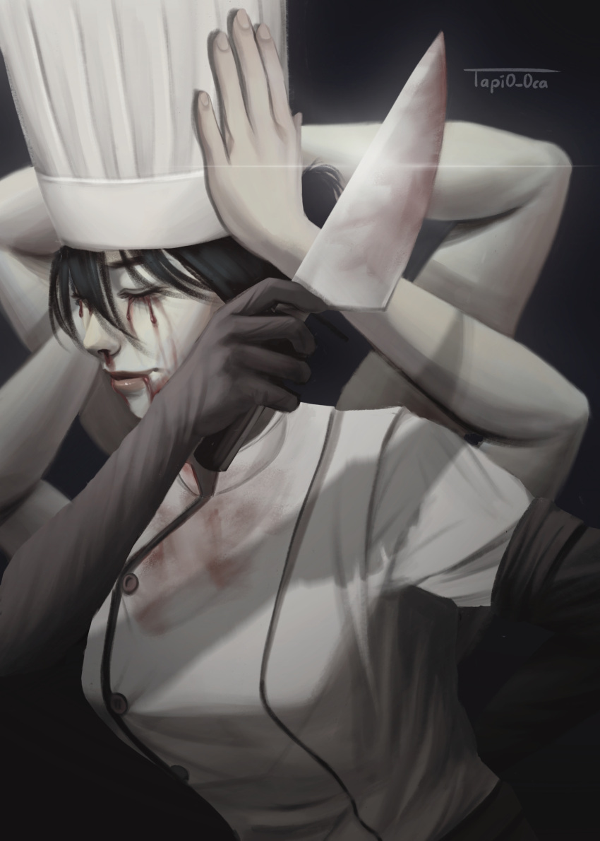 1girl absurdres artist_name black_background black_hair blood blood_from_eyes blood_from_mouth blood_on_clothes blood_on_knife chainsaw_man chef chef_hat closed_eyes dark_background disembodied_head elbow_gloves extra_arms facing_to_the_side falling_devil_(chainsaw_man) flat_top_chef_hat glint gloves hat highres holding holding_head holding_knife knife nosebleed severed_head short_hair simple_background solo tapi0_0ca