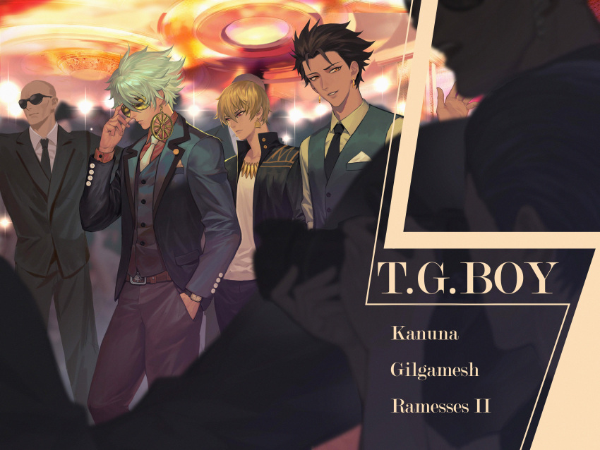 6+boys absurdres adjusting_eyewear belt black_hair black_jacket black_pants black_suit black_vest blonde_hair buttons camera camera_flash closed_mouth collared_shirt earrings fate/grand_order fate_(series) formal gilgamesh_(fate) glasses green_vest hand_in_pocket hand_up highres holding holding_camera iketsumi jacket jewelry karna_(fate) looking_to_the_side multiple_boys necktie open_clothes open_jacket ozymandias_(fate) pants parted_lips pocket_tissue red_eyes red_shirt shirt suit sunglasses vest white_shirt