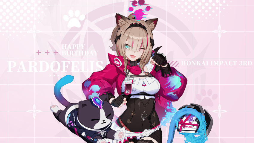 1girl animal animal_ears animal_hands black_gloves black_headwear box breasts can_(honkai_impact) cat cat_ears cat_girl cat_tail character_name chinese_commentary clenched_hand fingerless_gloves gift gift_box gloves green_eyes happy_birthday high_ponytail highres holding holding_gift honkai_(series) honkai_impact_3rd jacket jumping large_breasts looking_at_viewer mole mole_under_eye multicolored_hair nail_polish navel official_alternate_costume official_art official_wallpaper open_clothes open_jacket open_mouth pardofelis_(honkai_impact) pink_jacket pink_sleeves simple_background streaked_hair tail upper_body