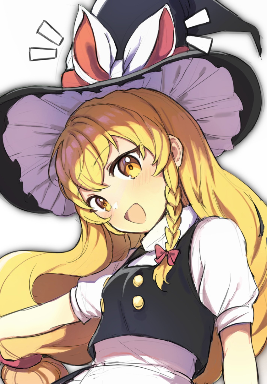 1girl black_headwear black_vest blonde_hair blush braid hair_between_eyes hat highres kirisame_marisa long_hair open_mouth petticoat shirt short_sleeves simple_background single_braid smile solo sweetpotatojelly touhou unfinished_dream_of_all_living_ghost upper_body vest white_background white_shirt witch_hat yellow_eyes