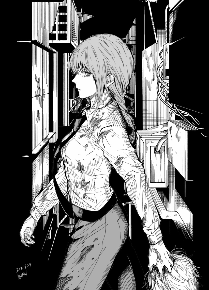 1girl alley blood blood_on_clothes braid braided_ponytail chainsaw_man collared_shirt dated greyscale highres holding_head looking_at_viewer makima_(chainsaw_man) matsumotoasumu medium_hair monochrome necktie ringed_eyes severed_head shirt shirt_tucked_in sideways_glance solo