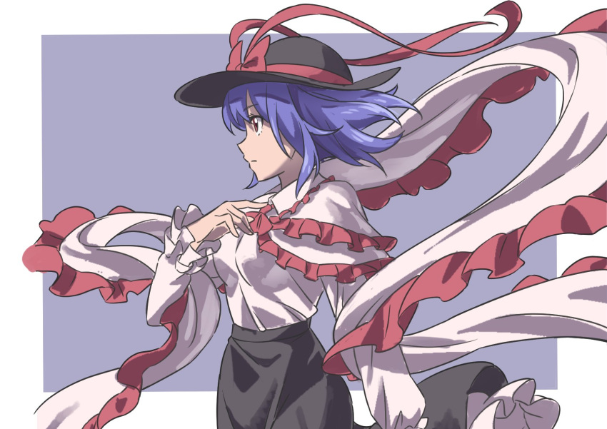 1girl black_headwear black_skirt blue_hair bow breasts capelet closed_mouth commentary frilled_capelet frilled_shawl frills from_side grey_background gyouza_(mhea5724) hat hat_bow highres long_sleeves nagae_iku red_bow red_eyes shawl shirt short_hair simple_background skirt solo touhou white_capelet white_shirt wind
