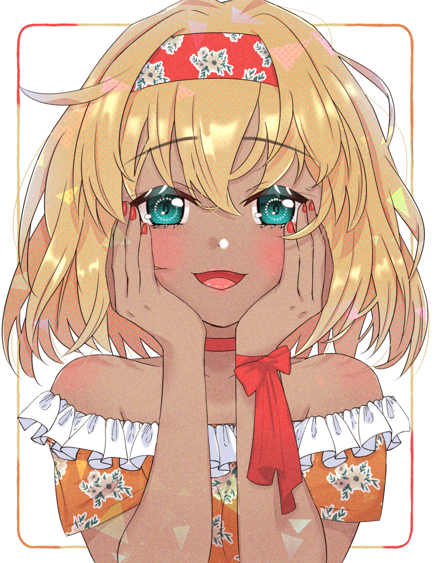 1girl alternate_costume aqua_eyes bare_shoulders blonde_hair blush chatan_nakiri_(tenka_hyakken) choker commentary_request curly_hair dark-skinned_female dark_skin eyelashes floral_print frilled_shirt frills hair_intakes hairband hands_on_own_cheeks hands_on_own_face highres looking_at_viewer nail_polish off-shoulder_shirt off_shoulder open_mouth print_shirt red_nails red_ribbon ribbon shirt short_hair short_sleeves simple_background smile solo square takimaro320 tenka_hyakken white_background