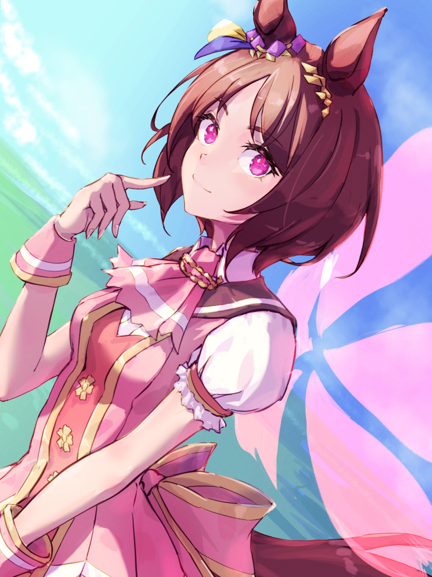 1girl absurdres animal_ears brown_hair dutch_angle ear_ornament flower_in_eye from_side highres horse_ears horse_girl horse_tail looking_at_viewer pointing pointing_at_self puffy_short_sleeves puffy_sleeves sakura_laurel_(umamusume) short_hair short_sleeves smile solo stella_(stella) symbol_in_eye tail umamusume upper_body violet_eyes