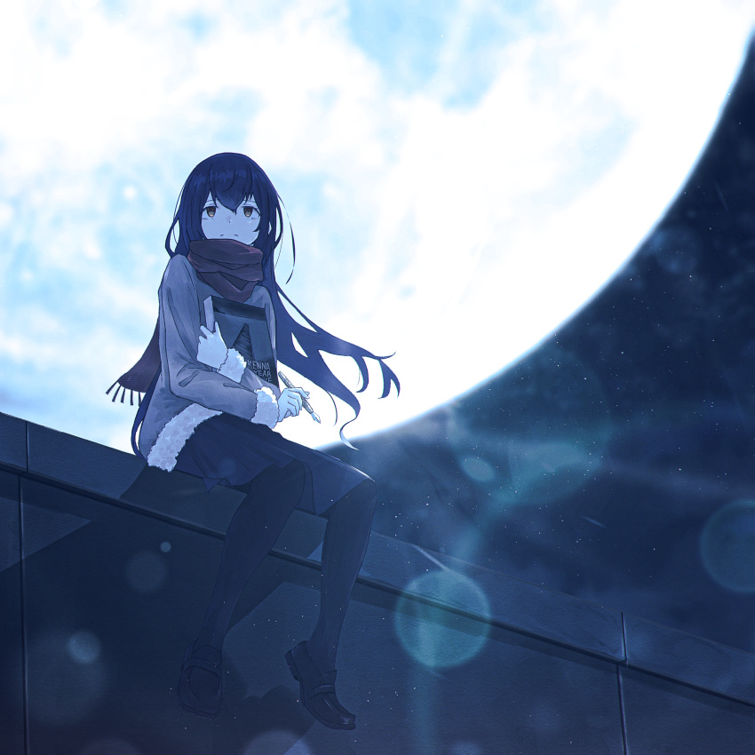 1girl absurdres black_hair black_skirt brown_eyes brown_sweater closed_mouth full_moon highres holding holding_notebook loafers long_hair moon night night_sky notebook oka_kojiro original outdoors pantyhose red_scarf scarf shoes sitting skirt sky solo sweater